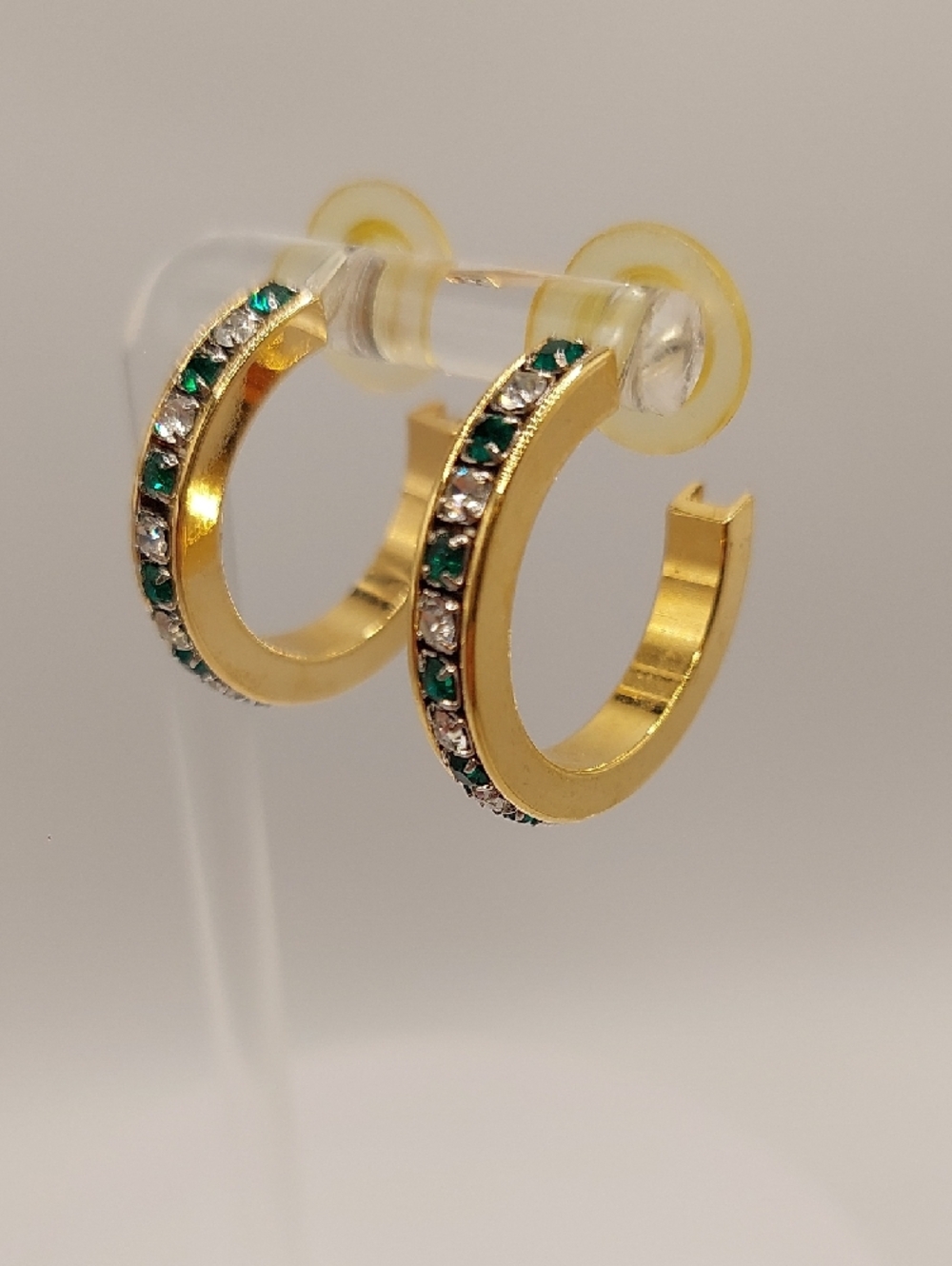 Bold Goldtone Hoop Earrings Channel-set Green & Clear Rhinestones EUC